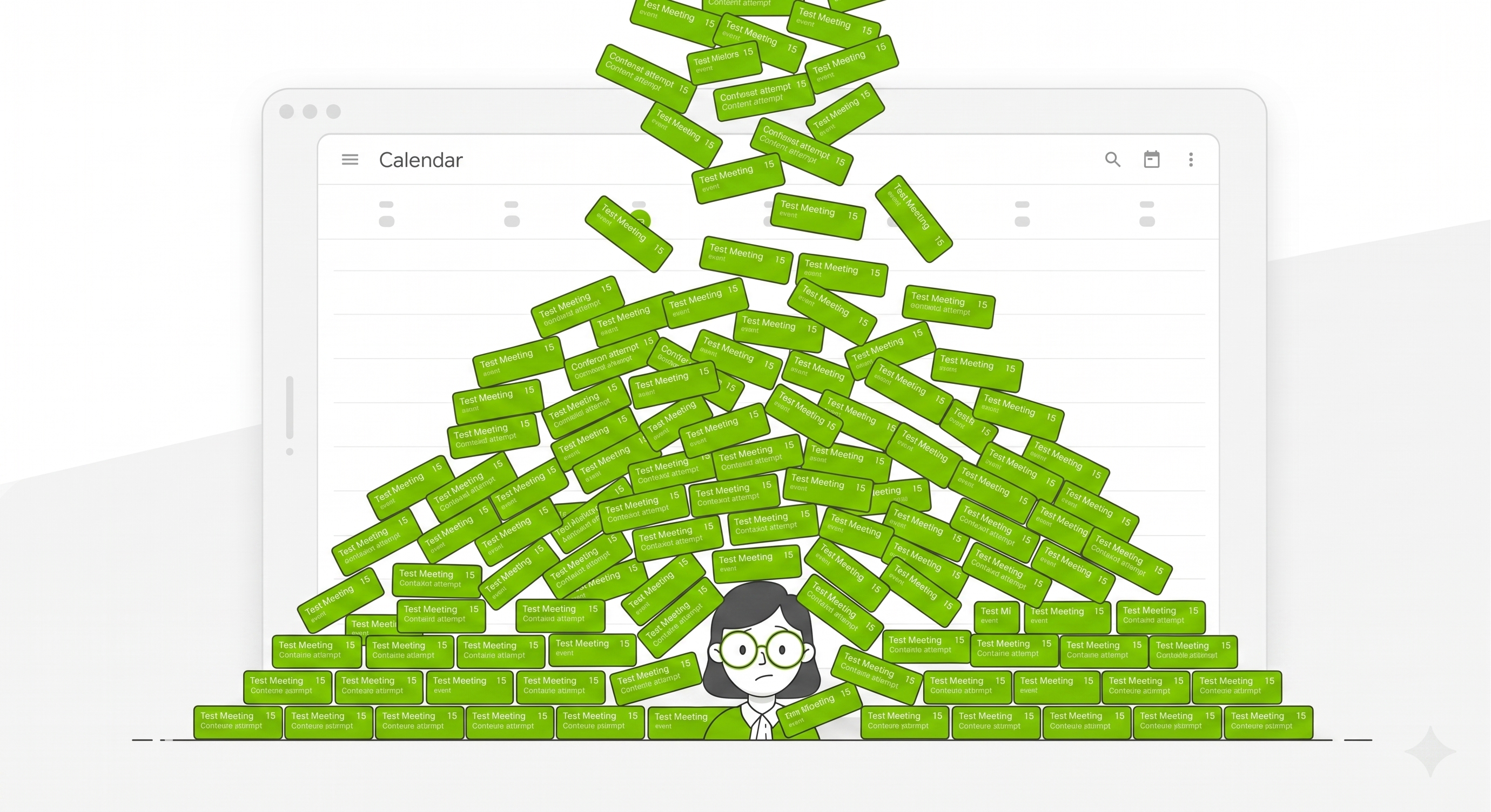 A calendar interface completely buried by small meeting invites